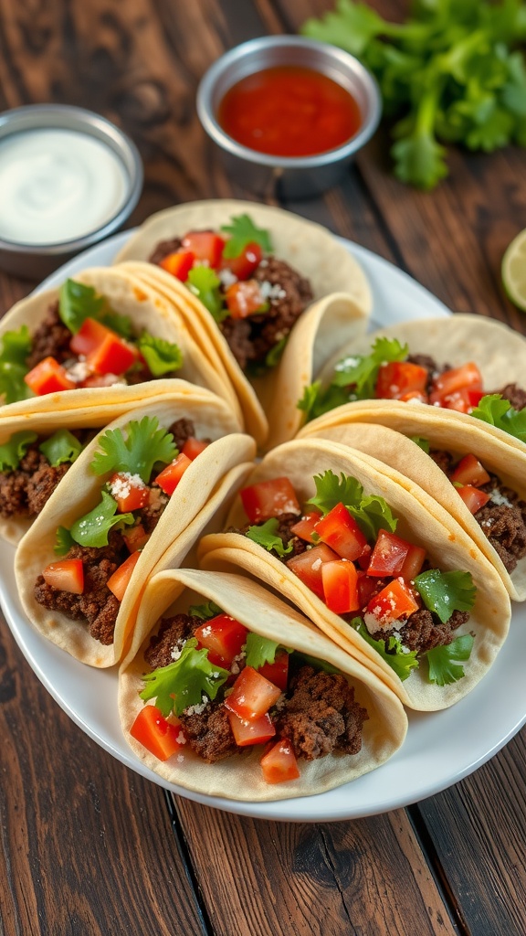 Crispy ground beef tacos with fresh toppings, served on a rustic table with salsa and sour cream.