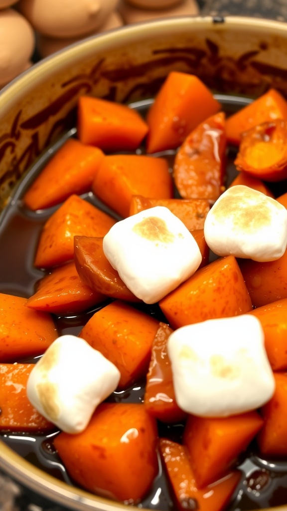A baking dish of candied sweet yams, glistening with syrup and topped with toasted marshmallows, set in a cozy kitchen.