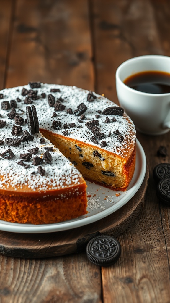 Slice of coffee cake with Oreo topping on a rustic table with a cup of coffee.