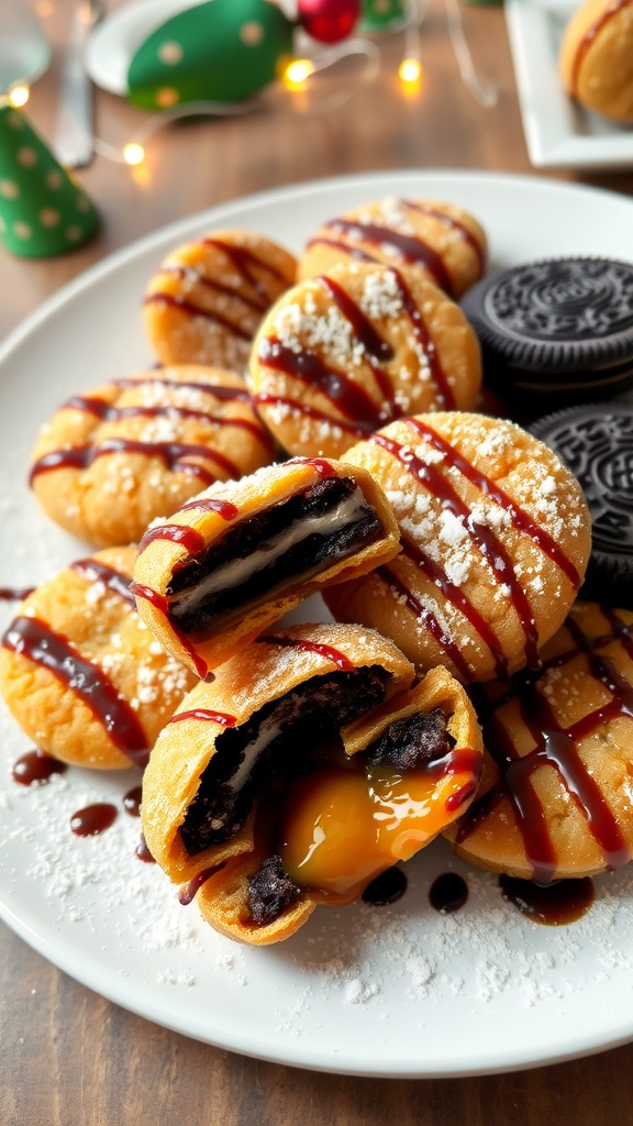 Golden fried Oreos dusted with powdered sugar, served with chocolate and caramel sauce.