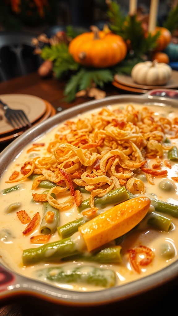 A warm green bean casserole with fried onion topping in a rustic dish, on a Thanksgiving table.
