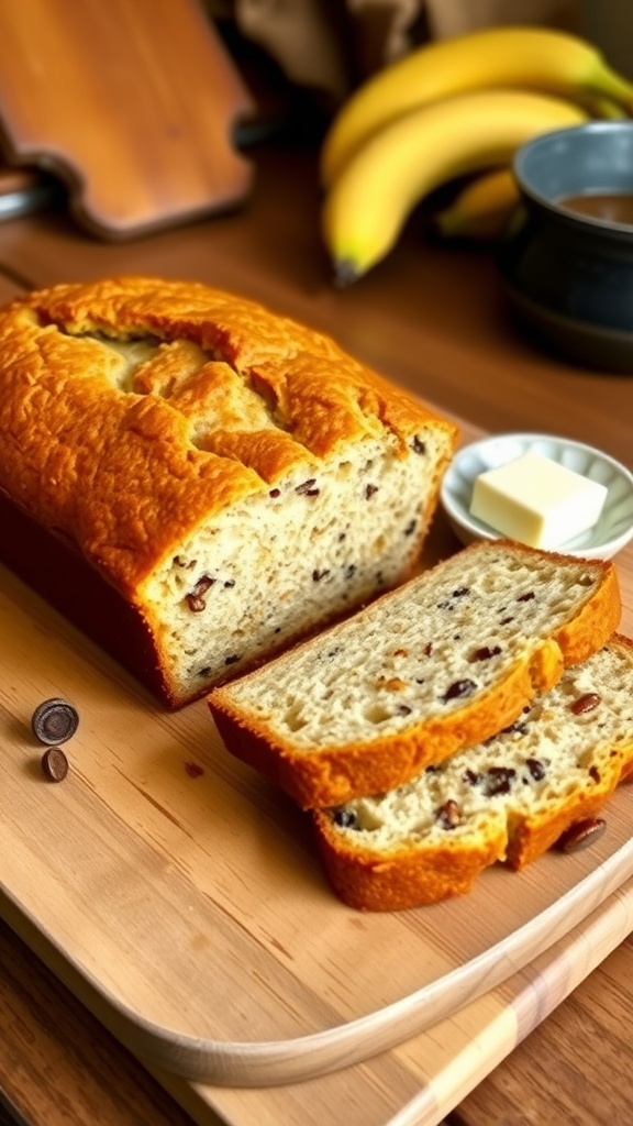 A golden loaf of banana bread sliced on a wooden board, with a dish of butter and a ripe banana next to it.