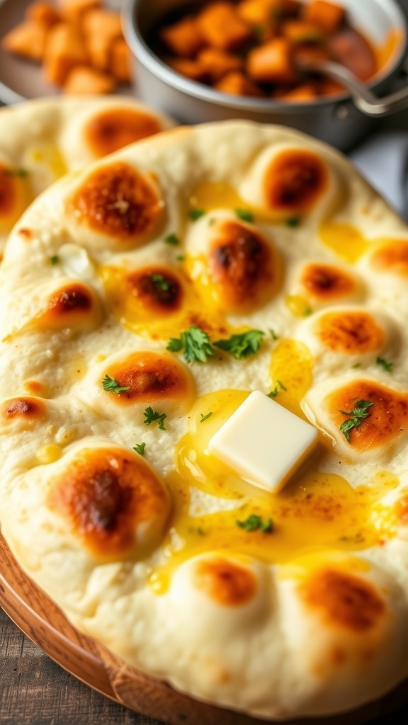 Fluffy butter naan on a wooden platter, garnished with cilantro, alongside a bowl of paneer butter masala.