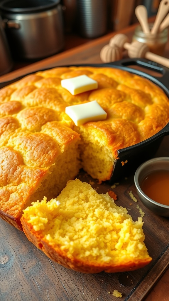 Freshly baked Southern Style Cornbread in a skillet with a slice missing, served with butter and honey.
