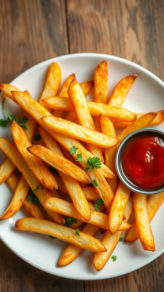 Crispy homemade baked french fries served with ketchup on a wooden table.