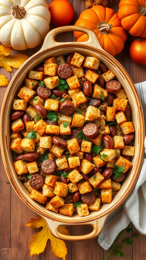 Delicious sausage stuffing made with bread and herbs in a baking dish, surrounded by fall decorations.
