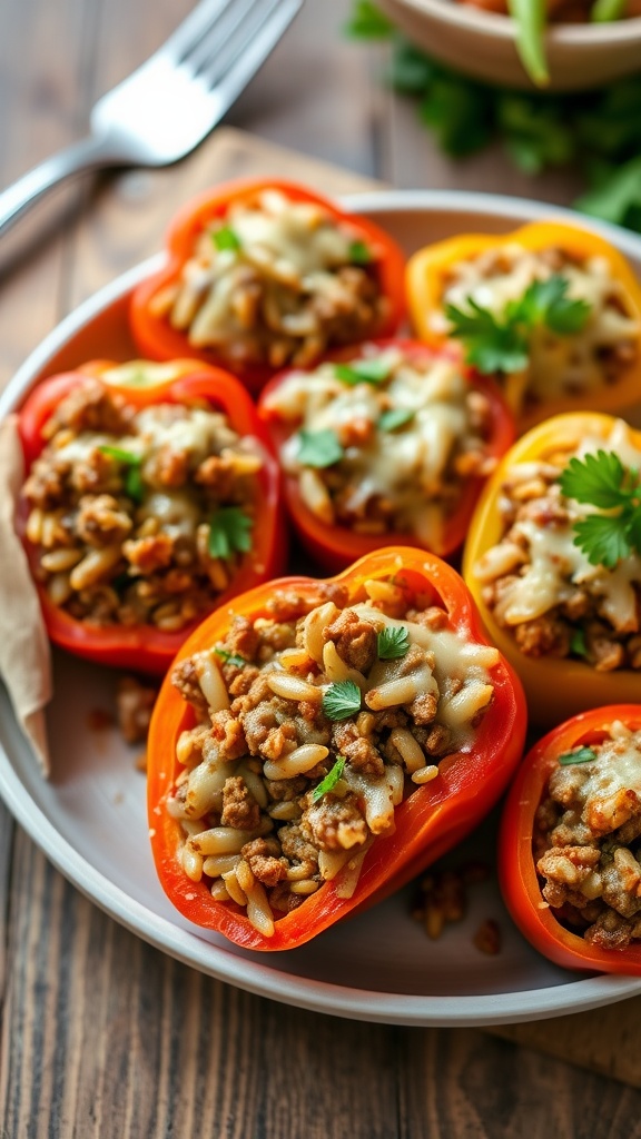 Stuffed bell peppers filled with ground beef and rice, topped with melted cheese, served on a rustic table.