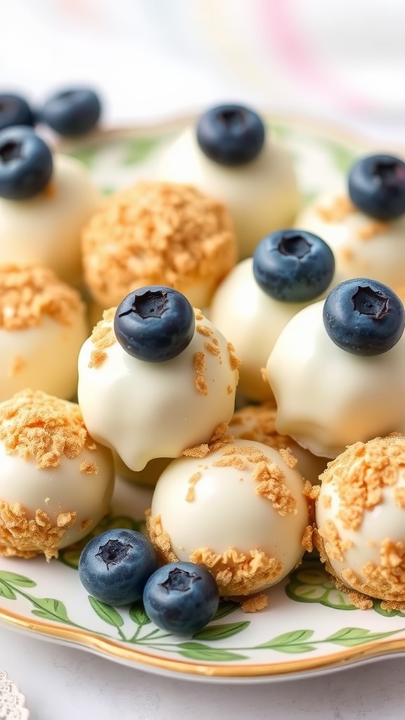 Blueberry white chocolate truffles garnished with blueberries on a decorative plate.