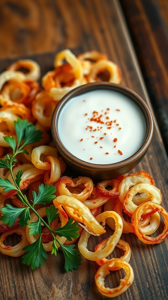 Creamy blooming onion dipping sauce in a bowl with blooming onion petals around it, garnished with paprika.