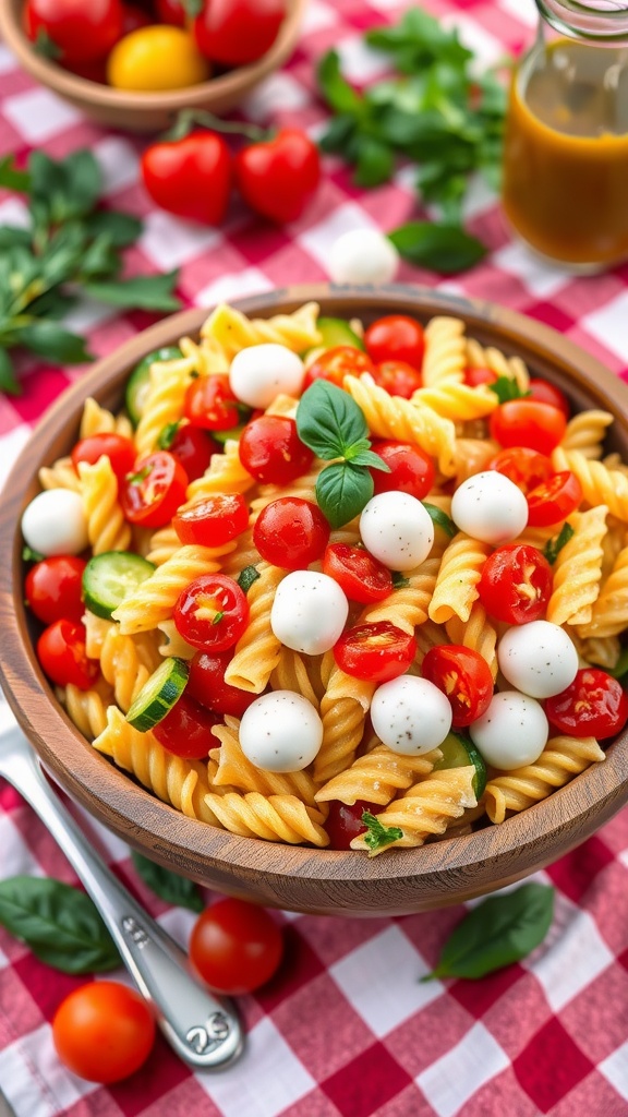 A vibrant bowl of Italian pasta salad with bow tie pasta, cherry tomatoes, cucumbers, bell peppers, and mozzarella, garnished with basil.