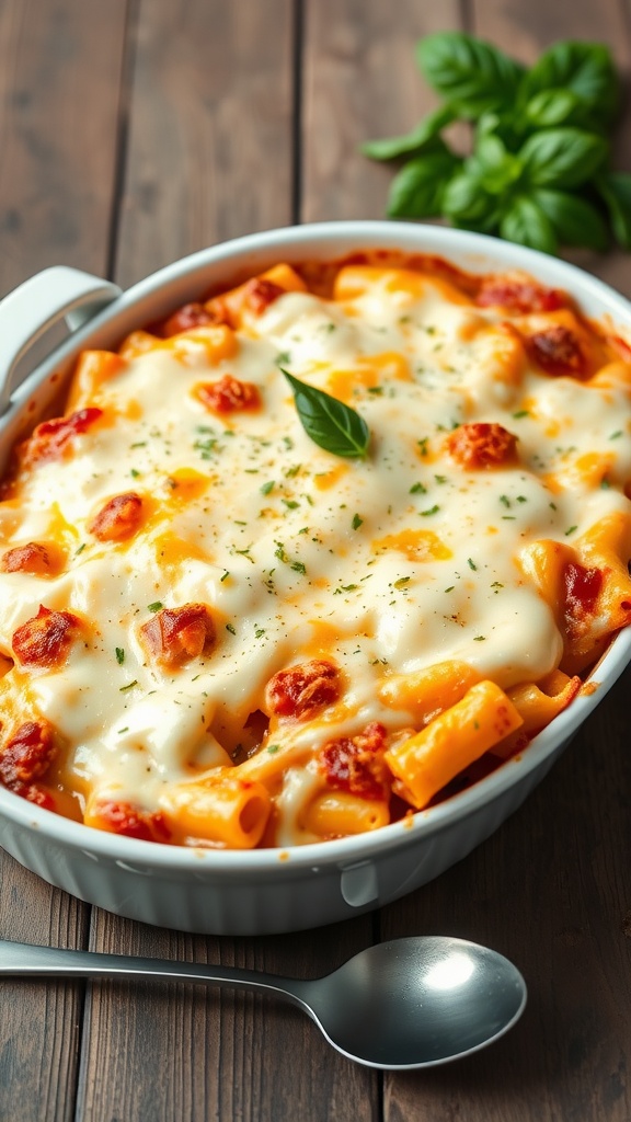 A cheesy pasta bake in a baking dish, topped with golden melted cheese and fresh basil on a wooden table.