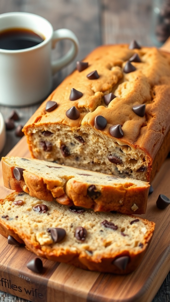 A golden loaf of cookie banana bread with chocolate chips and walnuts, sliced on a wooden board.