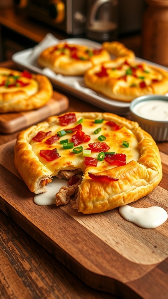 A freshly baked chicken bake with golden crust, filled with chicken, cheese, and bacon, garnished with green onions, served with ranch dressing.