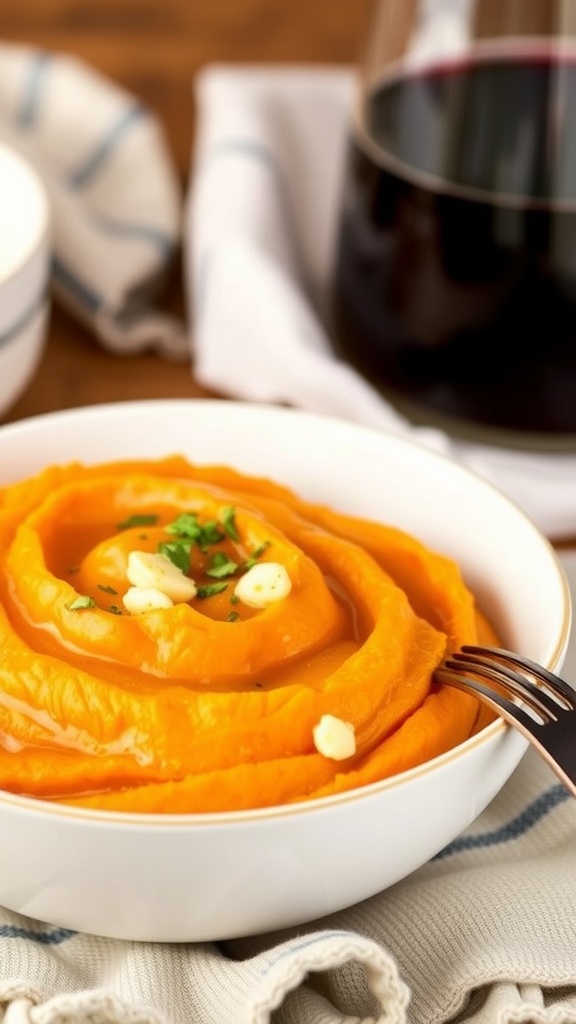 A bowl of creamy mashed sweet potatoes garnished with herbs, set in a cozy dining atmosphere.