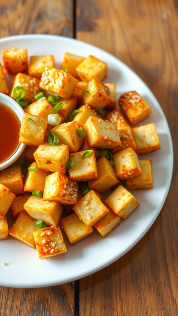 Crispy air fryer tofu cubes garnished with green onions and sesame seeds served on a plate with dipping sauce.