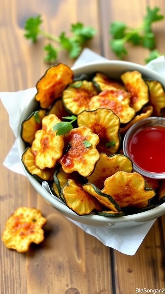 Crispy air fryer zucchini chips served with marinara sauce on a rustic wooden table.