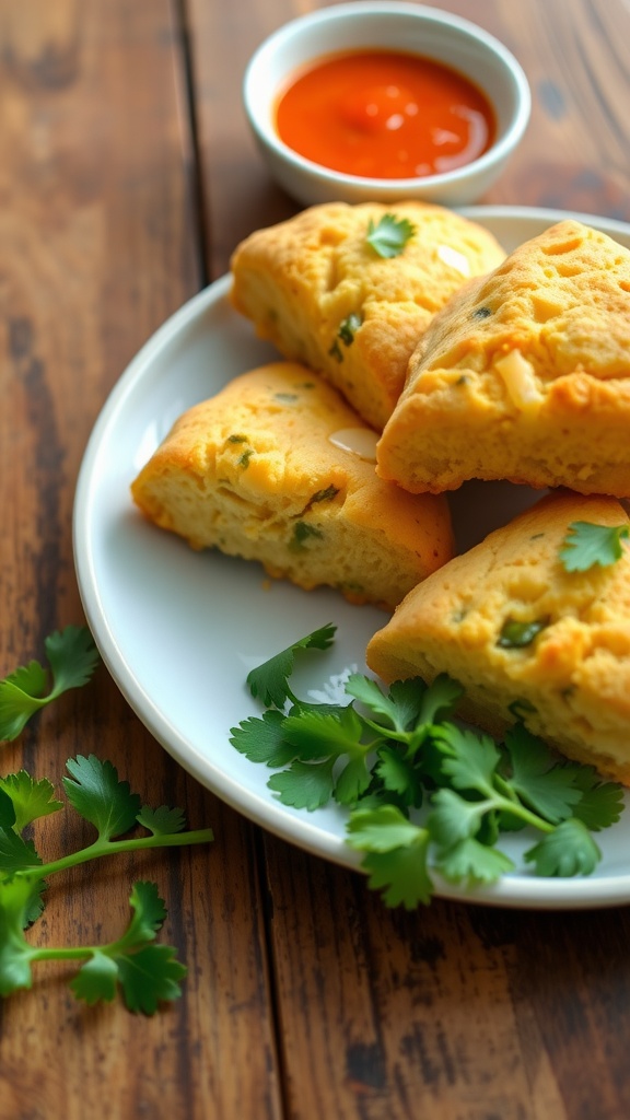 Golden jalapeño-cheddar scones on a plate, garnished with cilantro and served with dipping sauce.