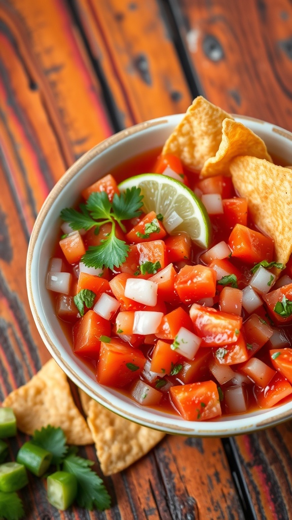 A bowl of colorful salsa with tomatoes, onions, and cilantro, surrounded by tortilla chips.