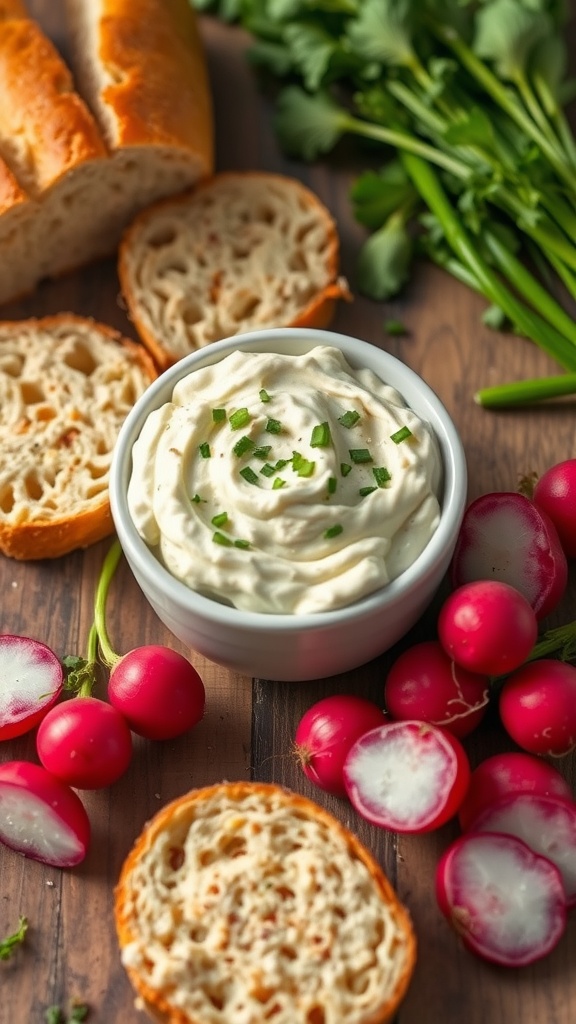 A bowl of radish butter with bread slices and fresh radishes on a rustic table.