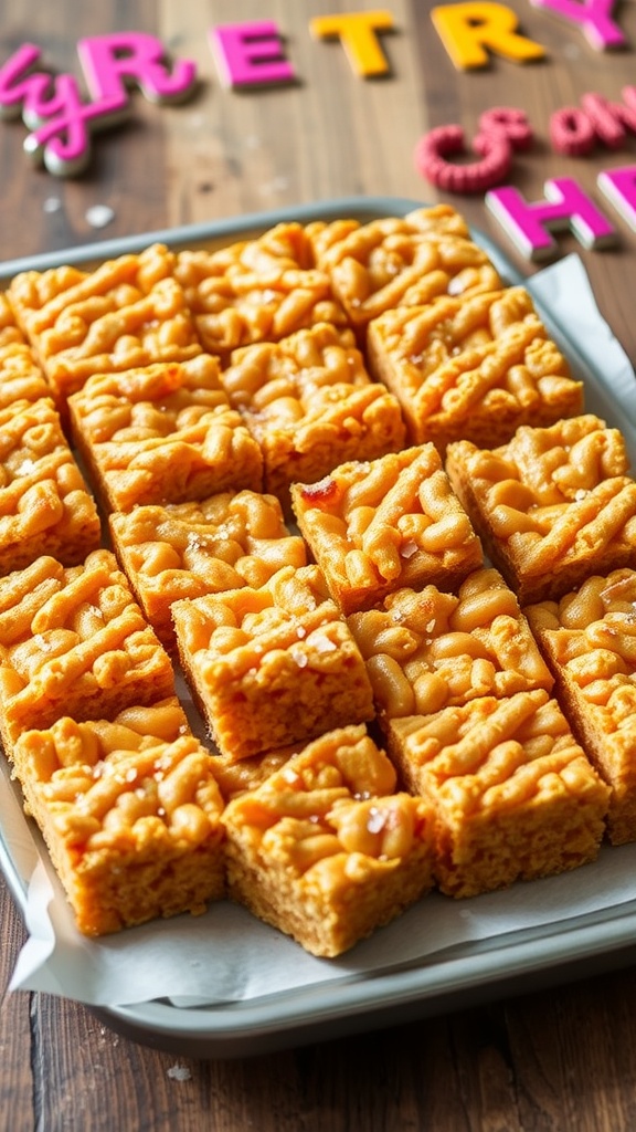 Caramel Rice Krispie treats cut into squares on a rustic wooden table.