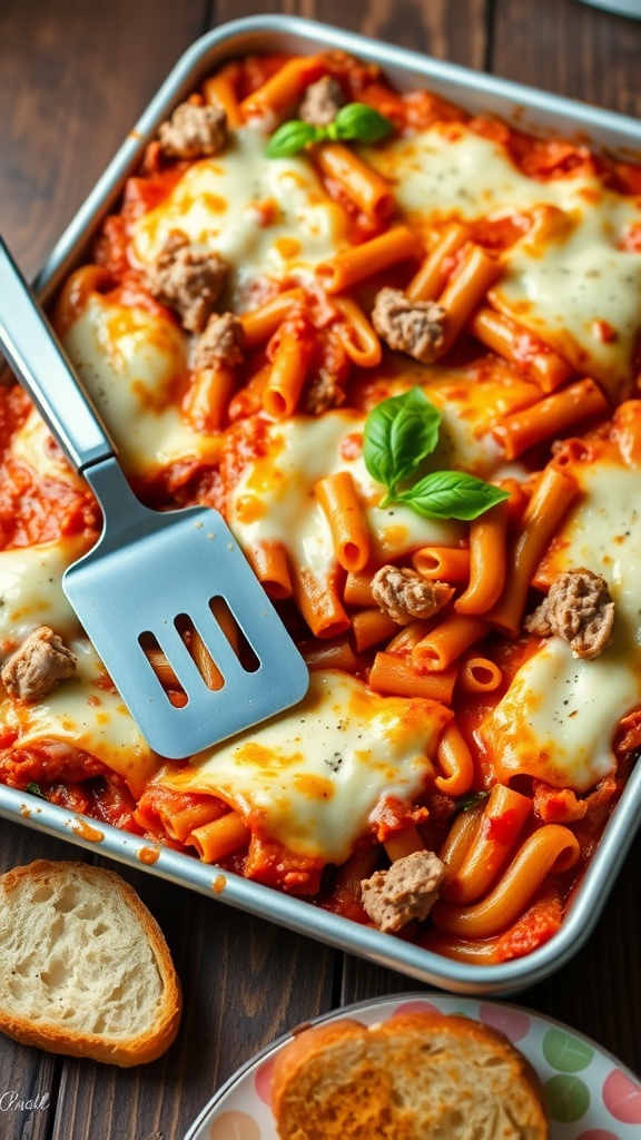 A golden bubbling sheet pan lasagna with layers of cheese, sauce, and pasta, garnished with basil, on a wooden table.