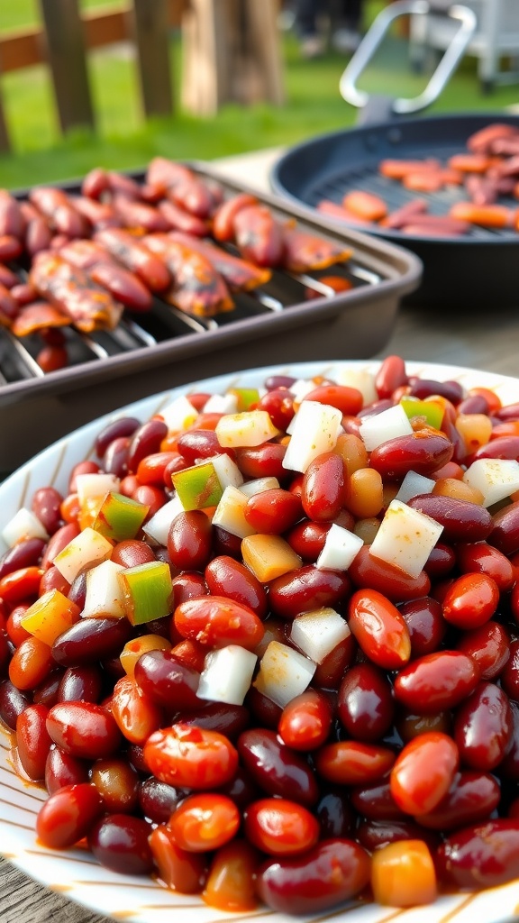 A bowl of smoky barbecue beans with onions and bell peppers on a picnic table.