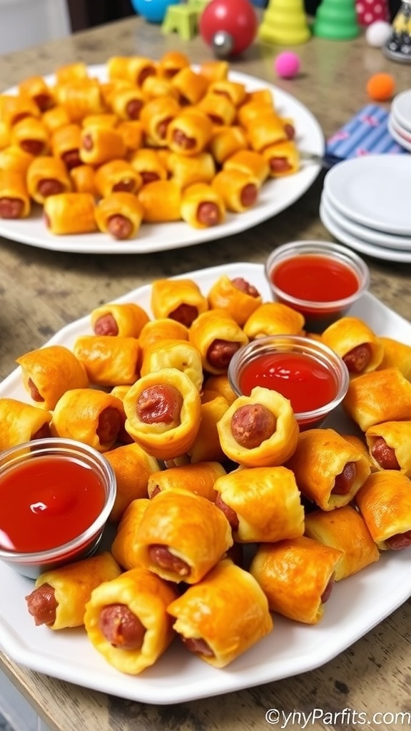 Golden Cheesy Wrapped Sausage Party Bites on a plate with dipping sauces.
