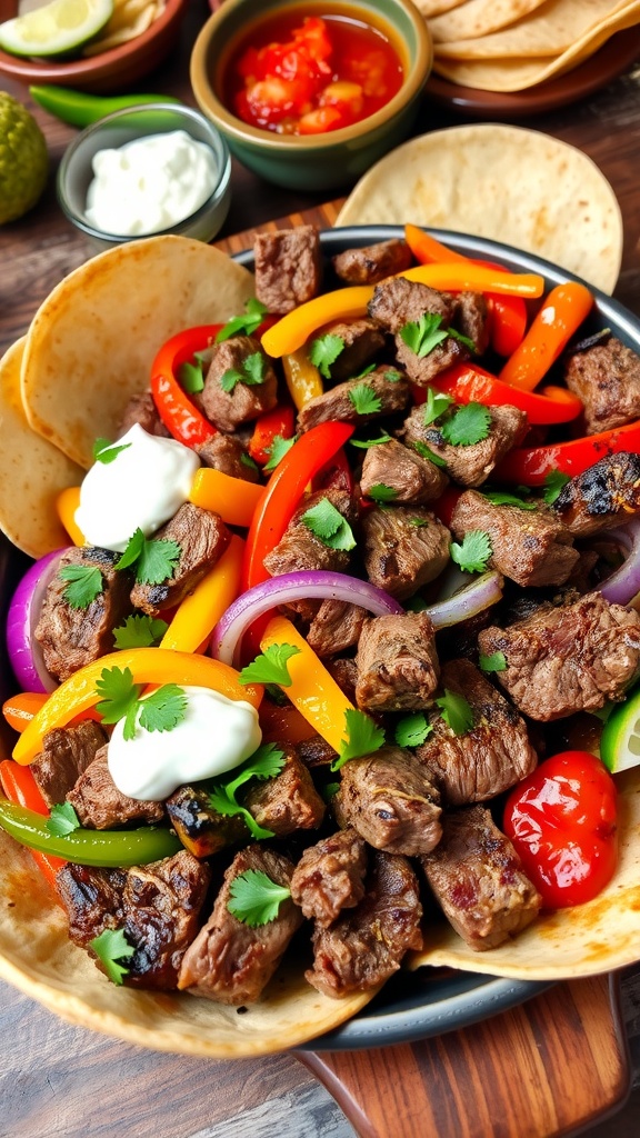 Delicious homemade steak fajitas with beef, charred peppers, and onions, served with tortillas and garnishes.
