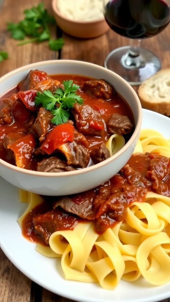 A hearty bowl of beef short rib ragu over pappardelle pasta, garnished with parsley, with a glass of wine and bread in the background.