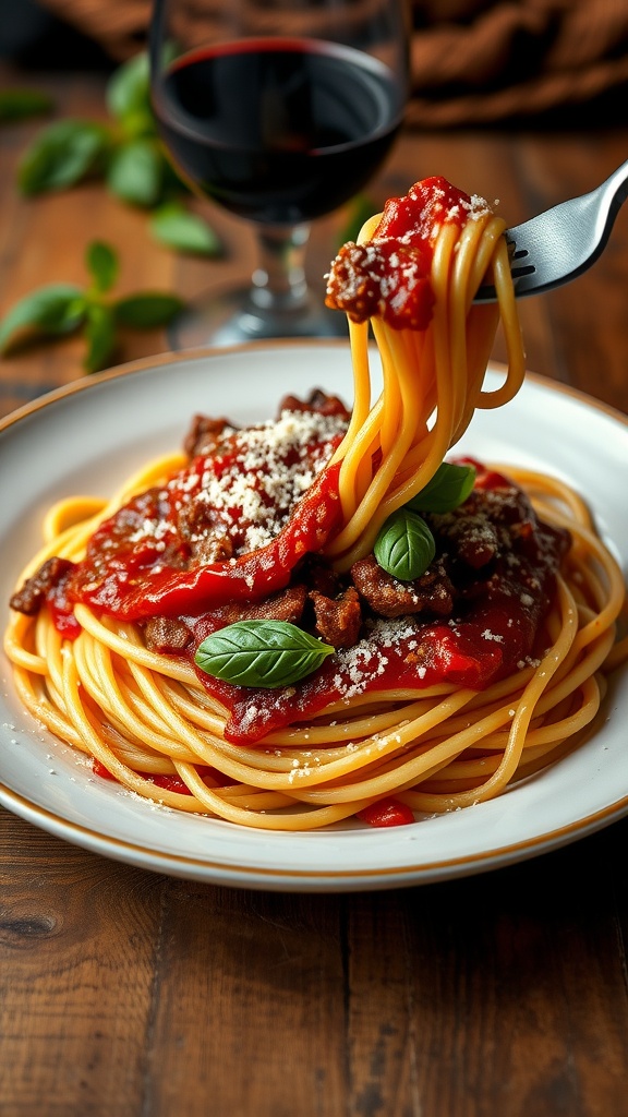 Plate of spaghetti with beef sauce and Parmesan, garnished with basil on a rustic table.