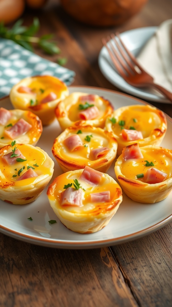 Delicious ham and cheese egg cups on a rustic plate, garnished with herbs.