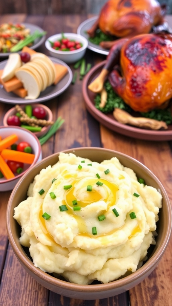 Creamy brown butter garlic mashed potatoes garnished with chives, served on a rustic table with Thanksgiving dinner spread.