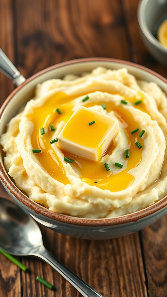 Creamy mashed potatoes topped with browned butter and chives in a rustic setting.