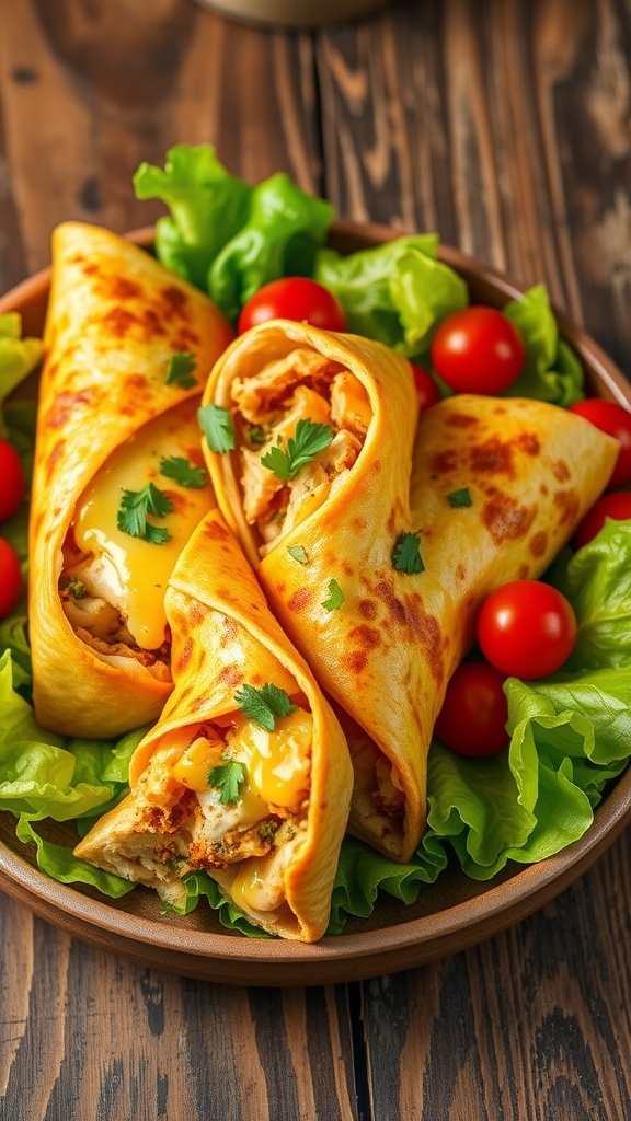 Cheesy garlic chicken wraps filled with chicken, cheese, and vegetables, garnished with fresh herbs on a wooden table.
