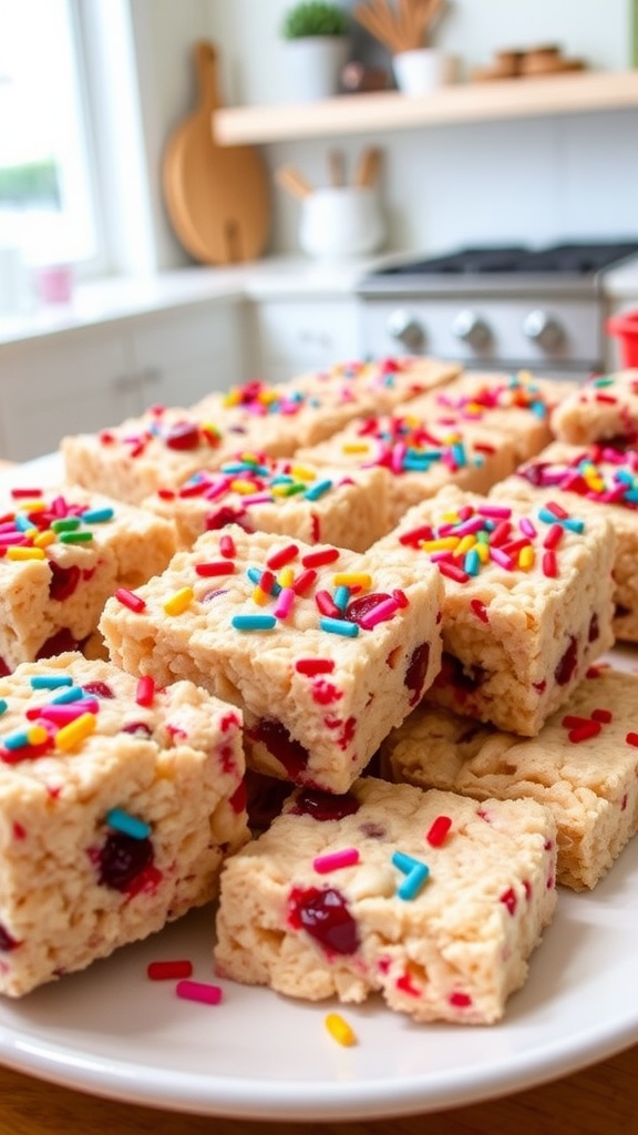 Cherry Rice Krispie treats on a platter, garnished with sprinkles, with a bright kitchen backdrop.