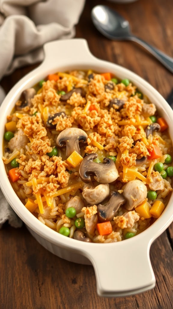 A golden chicken wild rice casserole topped with cheese and breadcrumbs, showcasing chicken, mushrooms, and peas, on a rustic kitchen table.