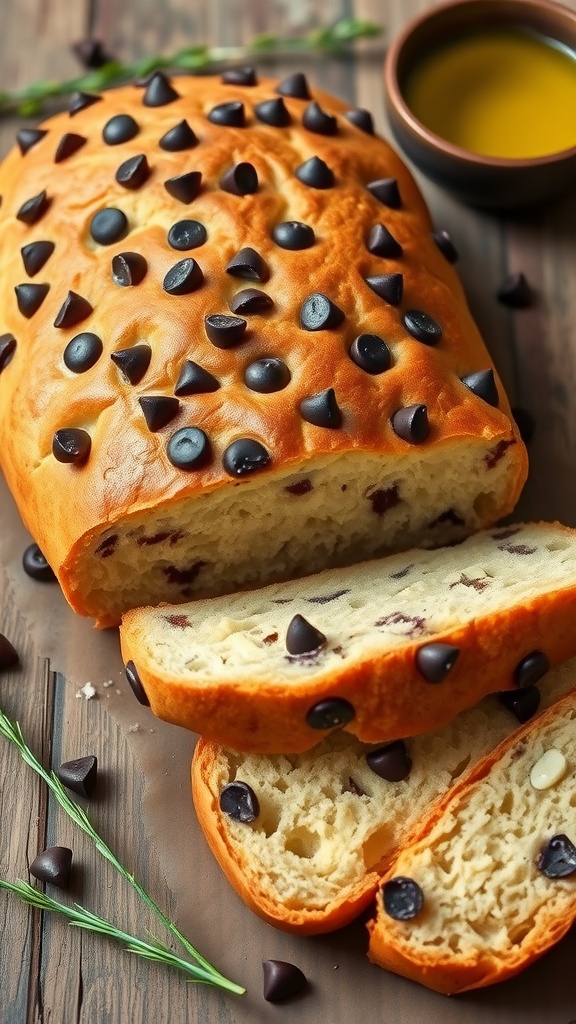 Sliced chocolate sourdough focaccia bread with chocolate chips on top, served on a rustic wooden table.