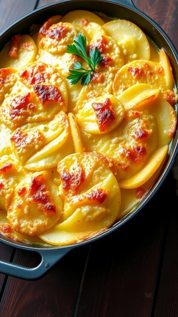 Creamy baked scalloped potatoes in a Dutch oven, golden and bubbly on top, garnished with parsley.