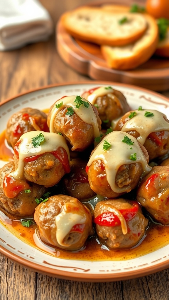 Savory French onion meatballs with gravy and melted cheese, served on a rustic plate with bread.