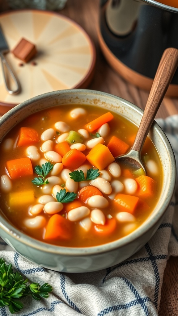 A cozy bowl of navy bean soup with carrots and celery, garnished with parsley, in a warm kitchen setting.
