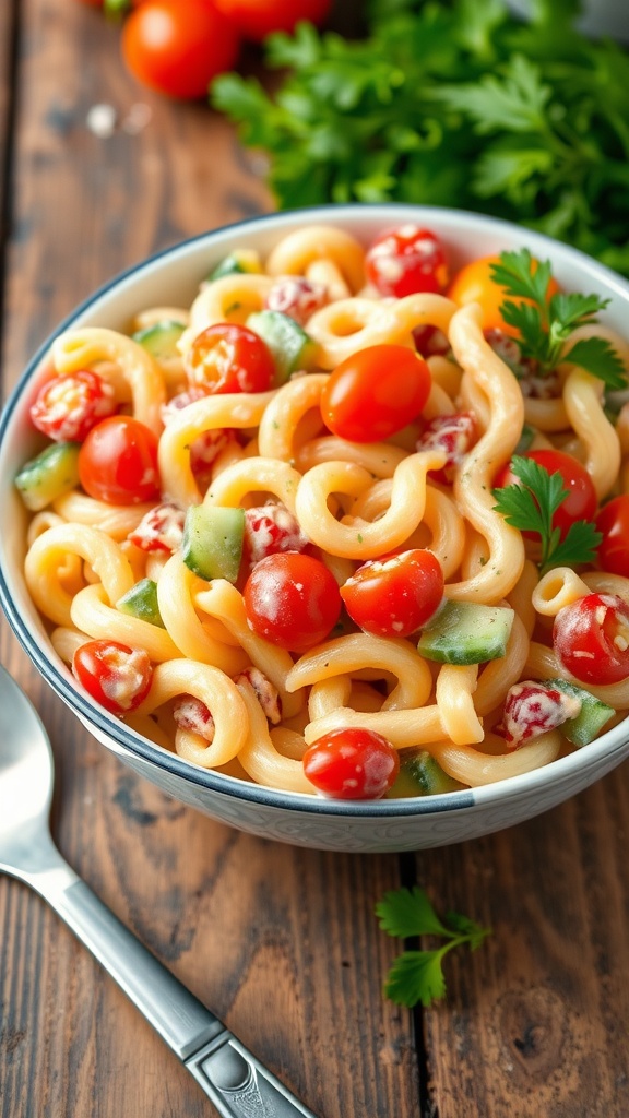 A colorful bowl of creamy pasta salad with vegetables, garnished with parsley, on a wooden table.