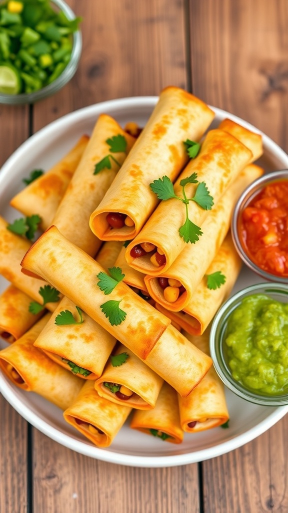 Crispy baked vegan taquitos with guacamole and salsa on a rustic wooden table.