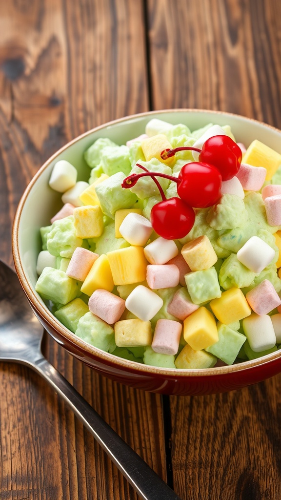 A refreshing bowl of Watergate Salad featuring green pistachio pudding, marshmallows, and pineapple, garnished with cherries.