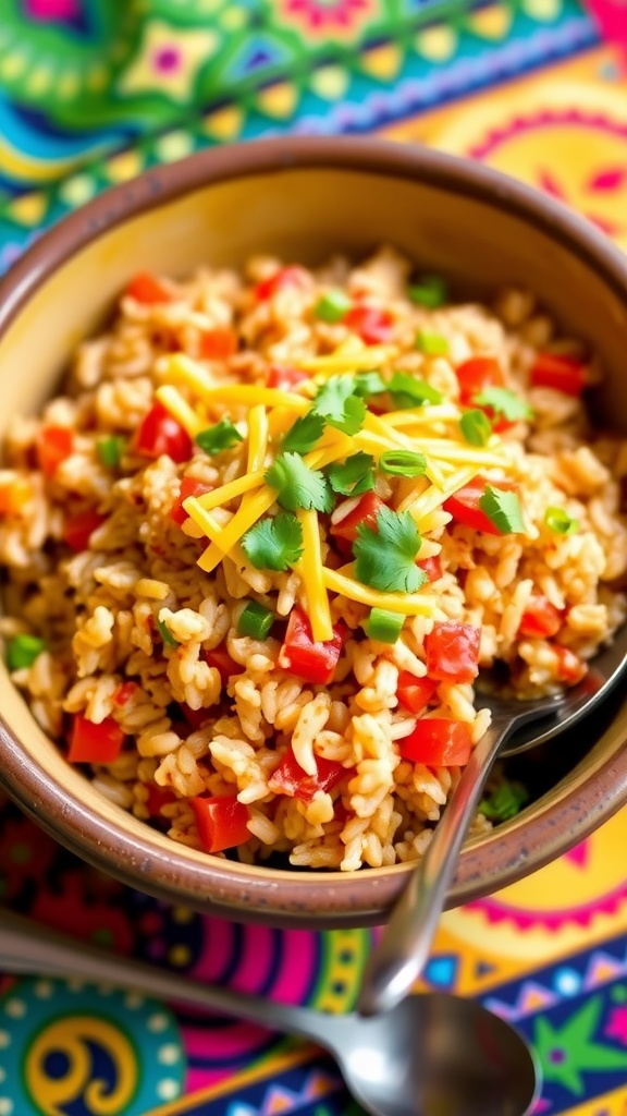 A bowl of Mexican rice made with Rotel, featuring tomatoes, green chilies, and cheese, garnished with cilantro.