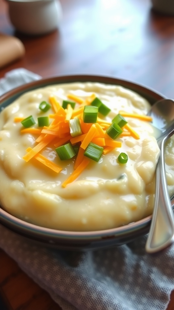 A bowl of creamy cheesy grits topped with cheddar cheese and green onions on a rustic table.