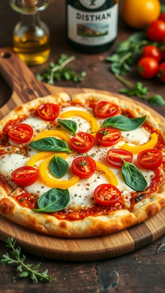 A fresh veggie pizza with bell peppers, spinach, and cherry tomatoes on a wooden peel.
