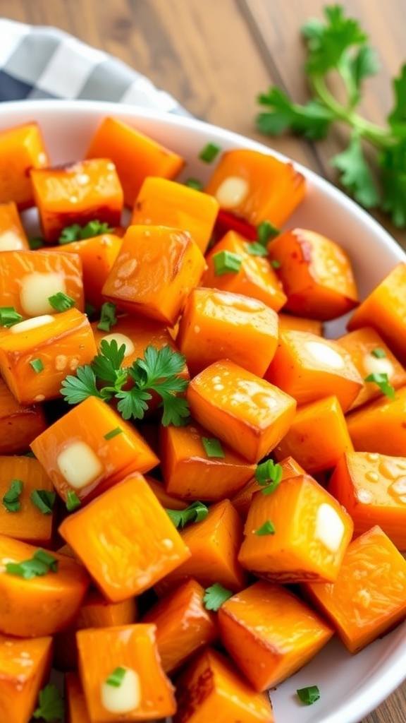 Garlic butter roasted sweet potatoes garnished with parsley on a rustic wooden table.