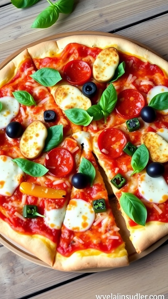 Delicious gluten-free pizza with mozzarella, pepperoni, and vegetables on a wooden table.