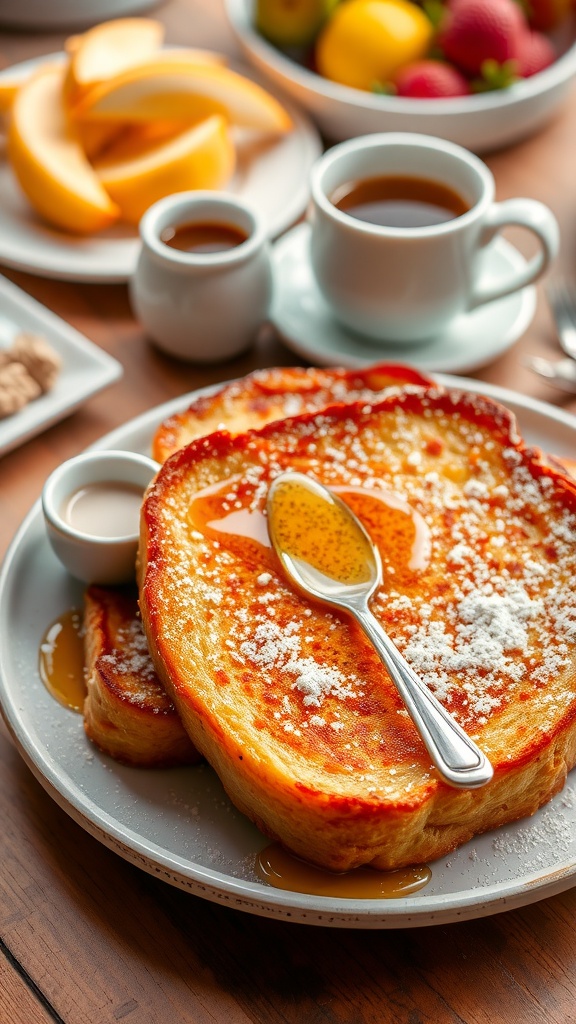 Crispy Hong Kong Style French Toast drizzled with syrup, dusted with powdered sugar on a breakfast table.