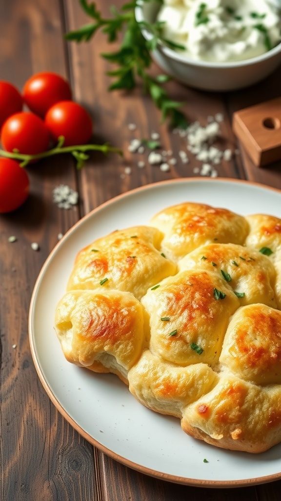 Fluffy cottage cheese cloud bread served with herbs and cherry tomatoes on a rustic table.
